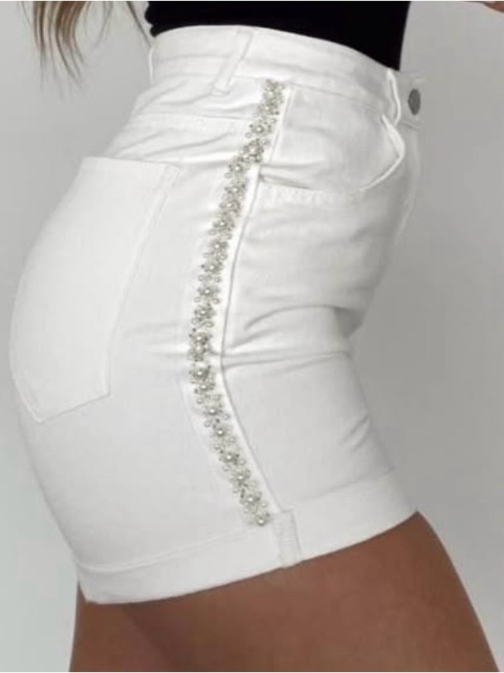 High-Waist White Pearl-Embellished Women's Shorts